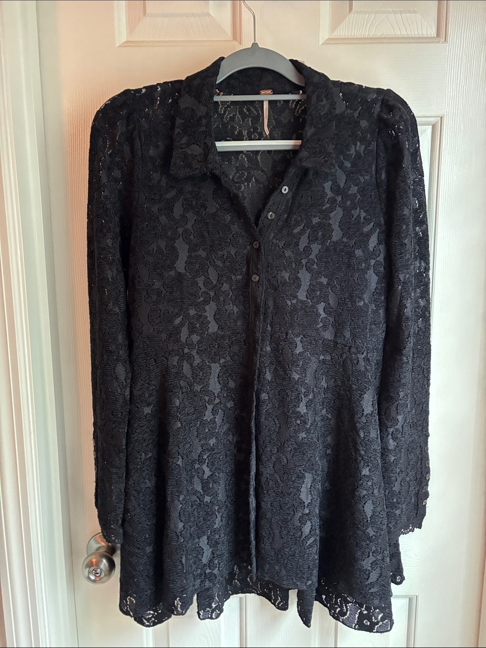 Free People Black Lace Button-Front Women's Top - Elegant Collared Blouse